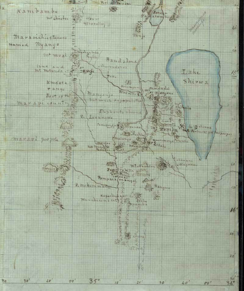 Mapa od Livingstona - okolí jezera Shirwa (Chilwa, Malawi)