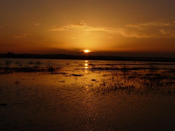 Západ Slunce nad jezerem v oáze Siwa