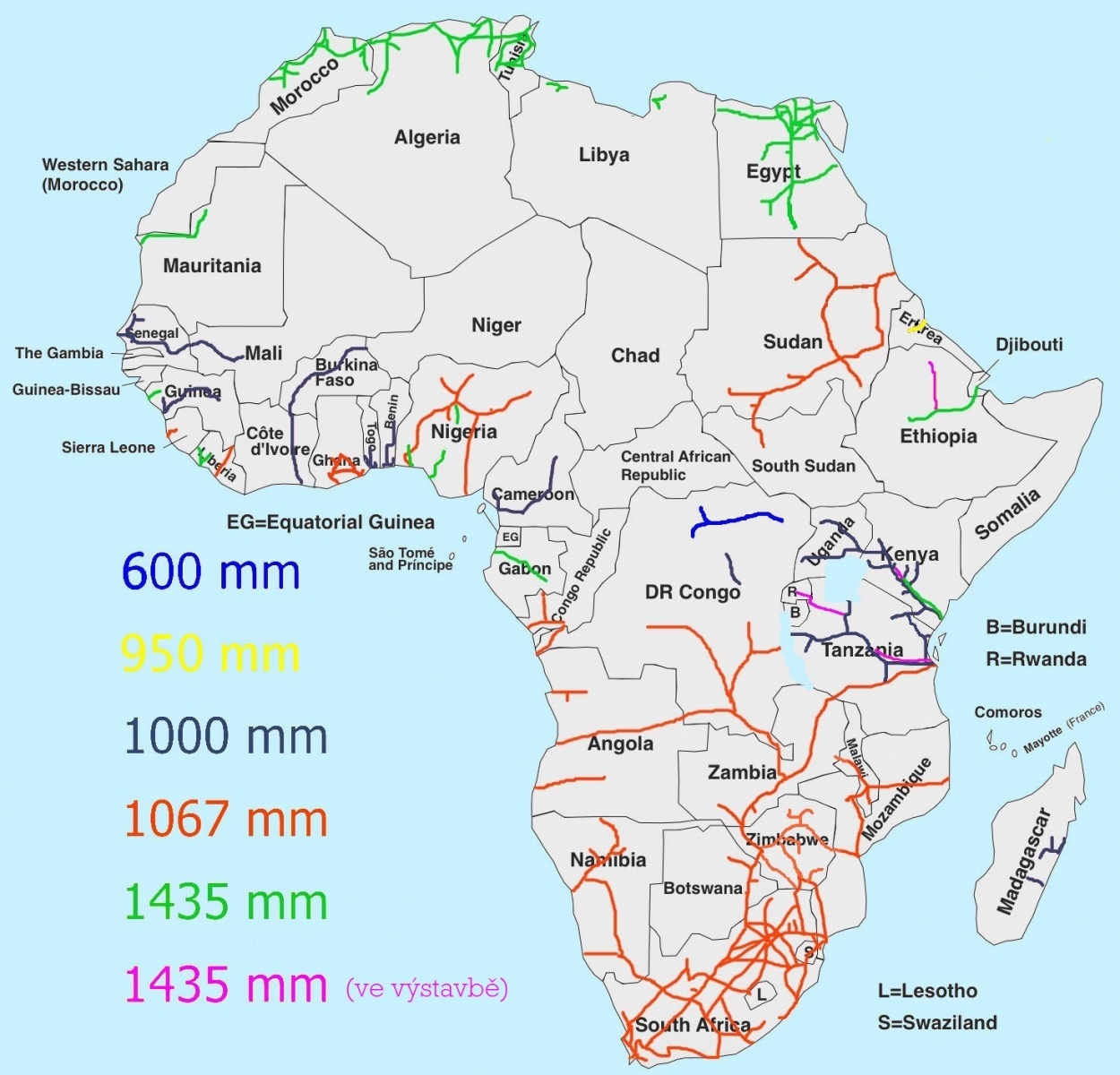 železniční mapa Afriky (upraveno podle Wikipedie)