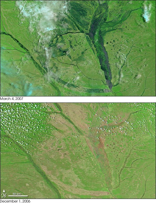 Záplavová pánev na horním toku Zambezi u města Mongu, Zambie (autor: MODIS, NASA)