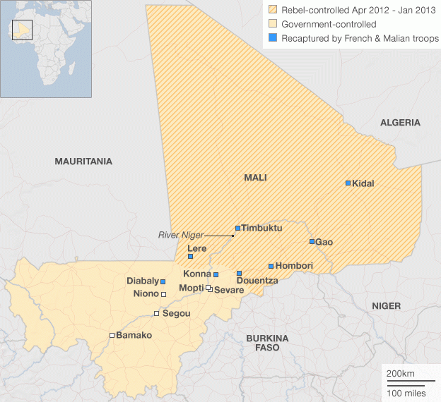 Situace v Mali na konci bojů - leden 2013