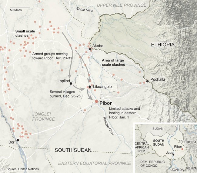 Mapa nájezdů bojovníků národa Lou Nuer na osady národa Murle