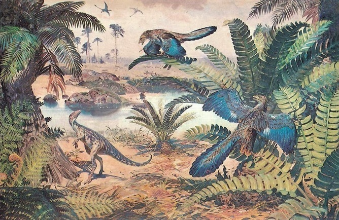 Compsognathus longipes a Archaeopteryx (Zdeněk Burian, 1950)